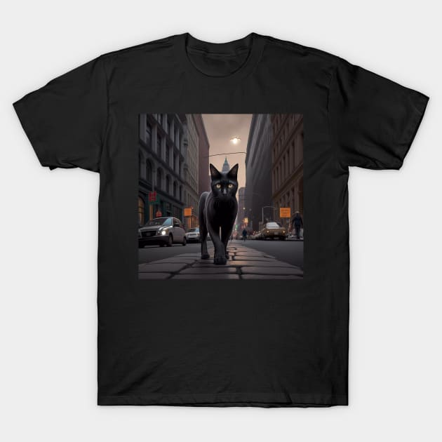 Digital art, Black Cat walking down a street in the city Sticker T-Shirt by MeatLuvers